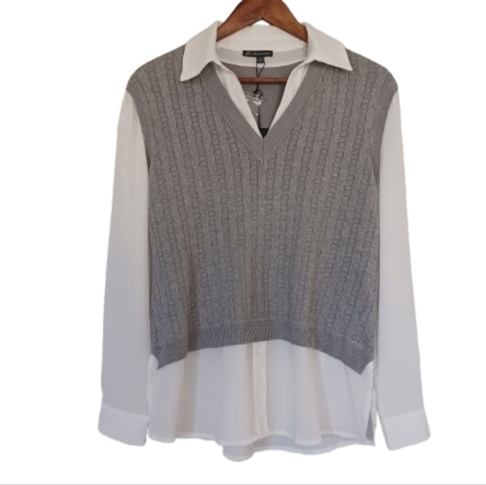 Adrianna Papell Medium Heather Gray White Layered V-neck Cable Vest Blouse Top
